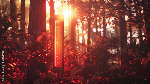 A red heat warning sign indicates a heatwave impacting climate change and global warming, with a thermometer showing 30 degrees Celsius in a natural forest setting
