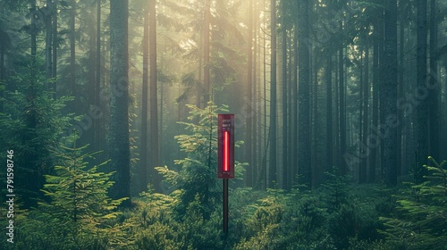 A red heat warning sign indicates a heatwave impacting climate change and global warming, with a thermometer showing 30 degrees Celsius in a natural forest setting