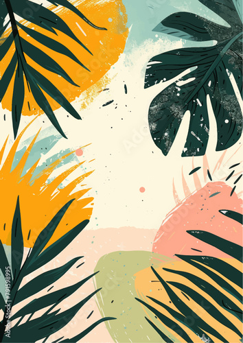 Tropical watercolor plants and flowers, summer holiday banner