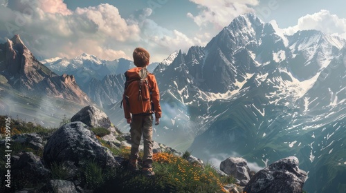 A young boy hiking in the mountains, surrounded by breathtaking scenery and the thrill of outdoor exploration photo