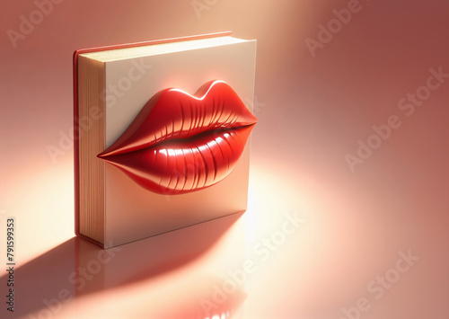 Ein roter Kussmund auf einem Buch mit rose farbenem Hintergrund, copy space