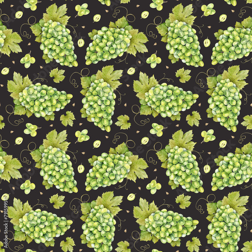 A bunch of green grapes, grape bones and leaves. Watercolor seamless pattern on dark background. For fabric, packaging paper, scrapbooking, product packaging design