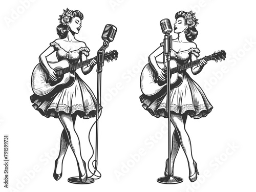 Pin up woman glamour singer performing with a microphone sketch engraving generative ai fictional character raster illustration. Scratch board imitation. Black and white image.