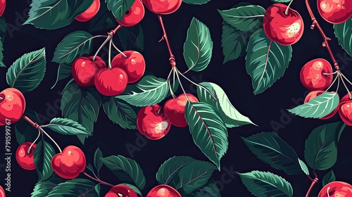 Seamless Pattern with Red Berries and Cherry Flowers on Black Background. Ripe Berries, Flowers, and Green Leaves Illustration for Printing on Fabric photo