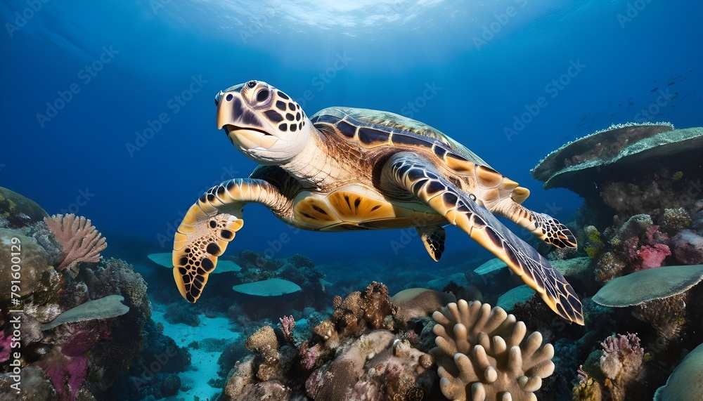 Fototapeta premium A critically endangered hawksbill sea turtle (Eretmochelys imbricata) glides over a reef off the island of Yap; Pacific Ocean, Yap, Micronesia