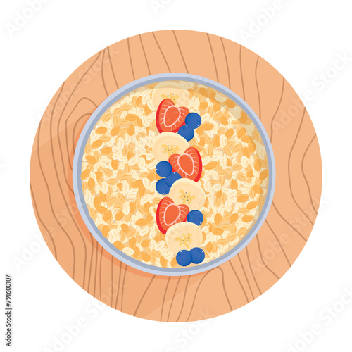 Oatmeal in a bowl on wooden plank isolated on white background. Oat flakes with strawberries, blueberries and banana. Porridge oats, top view. Healthy natural breakfast. Vector illustration