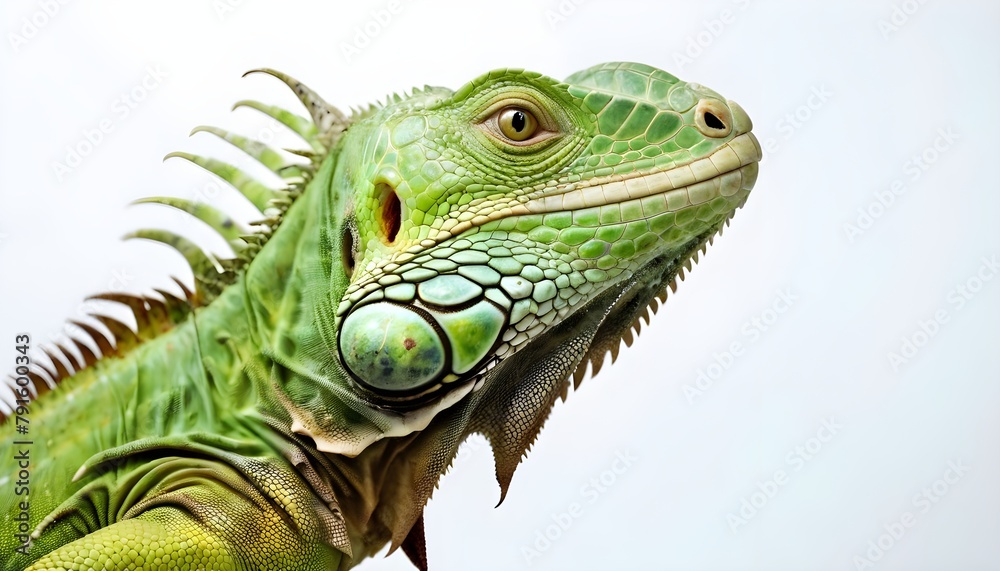 Fototapeta premium A close up portrait of a Green iguana (Iguana iguana) on a white background; Limon province, Costa Rica 4K