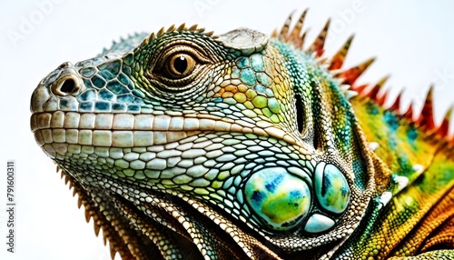 A close up portrait of a Green iguana (Iguana iguana) on a white background  Limon province, Costa Rica 4K © Yauhen