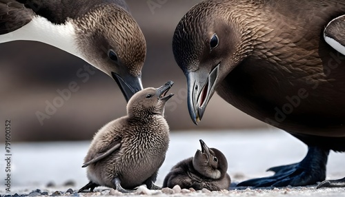 A Brown skua kills and eats an Adelie penguin chick in Antarctica photo