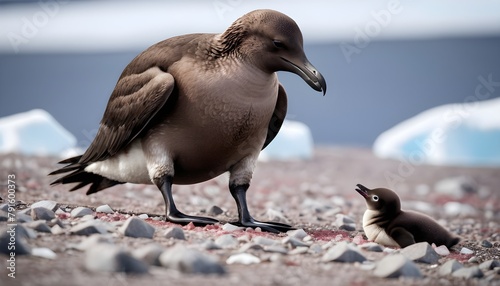 A Brown skua kills and eats an Adelie penguin chick in Antarctica photo