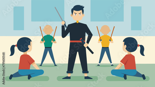 The instructor emphasizes the importance of safety and control as they oversee a group of students practicing with nunchucks a weapon known for