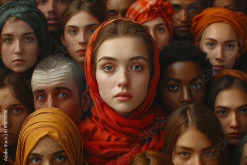 Diverse group of people gathered around a woman in a red headscarf, creating a vibrant and inclusive community