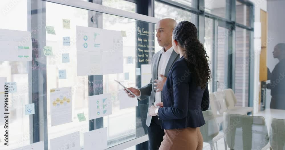 Business people, collaboration and tablet with glass board or office teamwork, data analytics and statistics. Professional group, meeting and analyst with digital solution, ideas or planning strategy