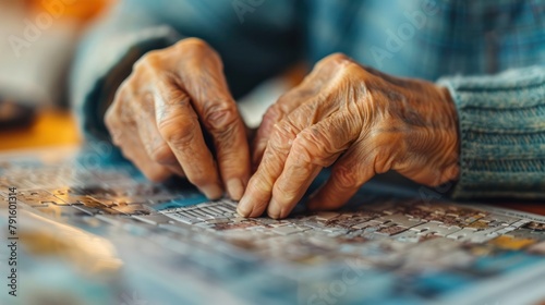 Close-up of an elderly individual's hands doing puzzle or crossword, engaging in cognitive activities for brain health and sharpness