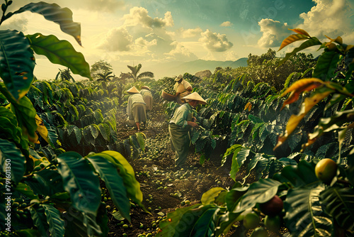 Workers in hats on a coffee plantation