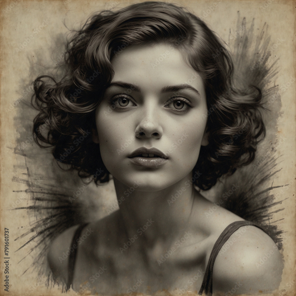Elegant woman with curly hair in a vintage black and white portrait ...