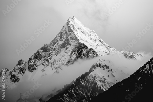 A black and white image of a mountain peak, emphasizing its stark beauty.