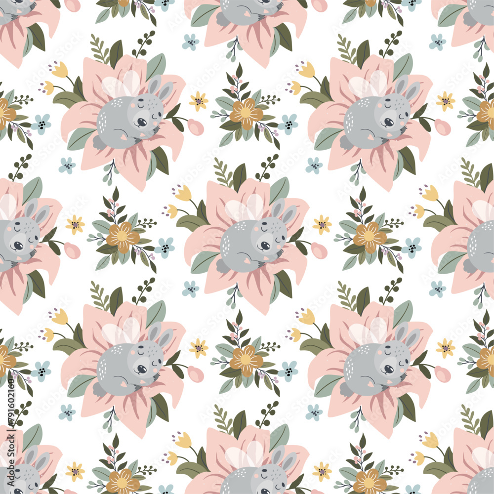 Seamless vector pattern with beautiful spring flowers and cute bunnies. Can be used for printing on children's fabric, paper, cards, etc.