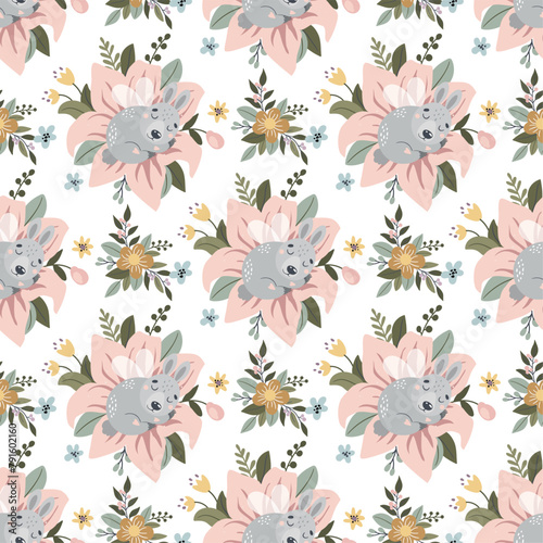 Seamless vector pattern with beautiful spring flowers and cute bunnies. Can be used for printing on children's fabric, paper, cards, etc. © Evgeniia