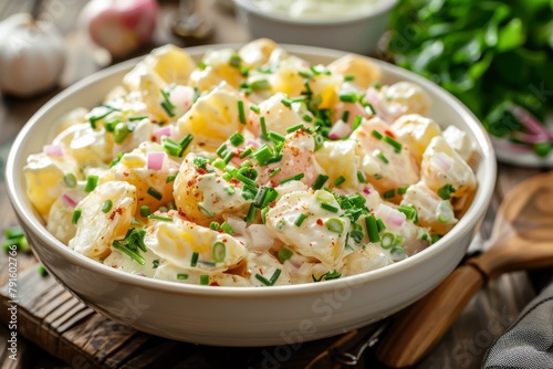 Classic Creamy Potato Salad Sprinkled with Chives and Paprika in a White Serving Bowl.