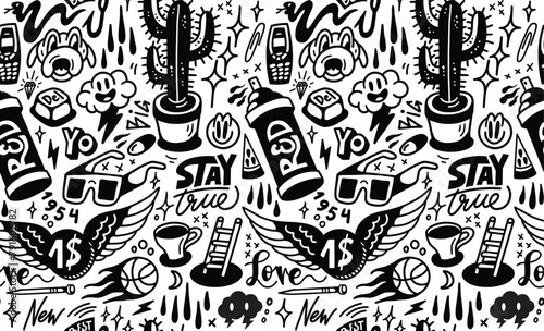 Doodle seamless repeated pattern. Cactus, sunglasses, mobile phone, ball, yo, pill, dog. Print vector background.