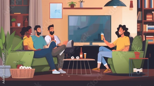 Relax, television and friends on a sofa with beer and popcorn for movie, film or streaming in their home. Group of people, watching tv and smile in living room together with entertainment on weekend 