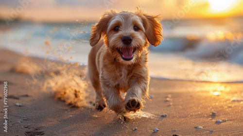 A dog running happily along the beach.