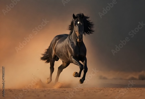 A black stallion galloping through a dusty, hazy environment with an orange sky in the background