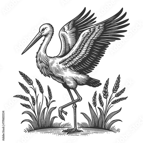 stork bird animal with spread wings in a reedy marshland sketch engraving generative ai raster illustration. Scratch board imitation. Black and white image. photo