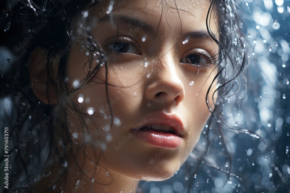 Contemplative Beauty Amidst Water Droplets. Generative AI