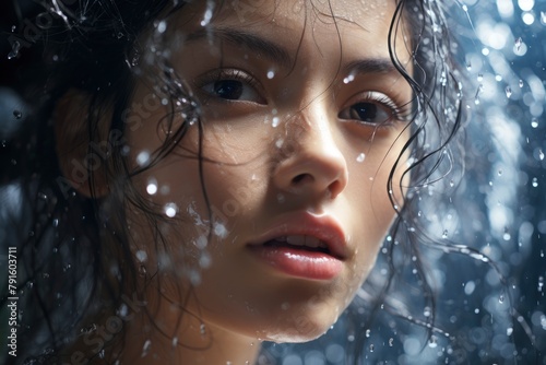 Contemplative Beauty Amidst Water Droplets. Generative AI