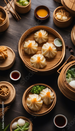 Traditional Chinese Food - Dumplings and Dim Sum in Bamboo Steamers. Delicious dim sum and sauces for eating on a wooden table. Culinary background.