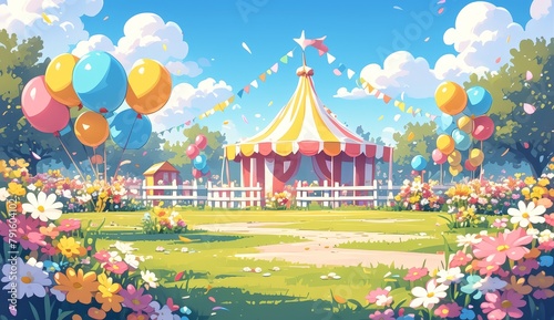 Carnival background with a circus tent, balloons © Photo And Art Panda