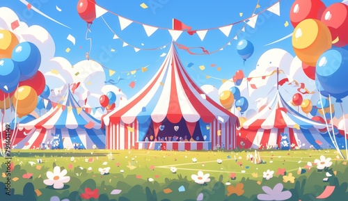 Carnival background with a circus tent, balloons and streamers in color. Illustration of a colorful carnival scene. 