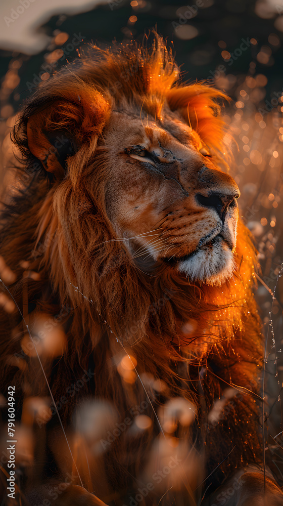 A Carnivore Lion with its eyes closed in the grass