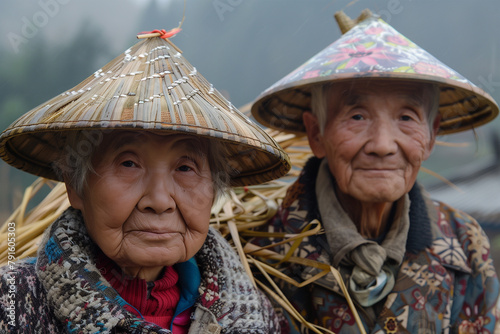 Elderly Asian couple with traditional bamboo hats. Generative AI image photo