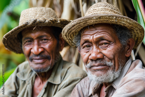 Elderly farmers with straw hats sharing a moment. Generative AI image photo