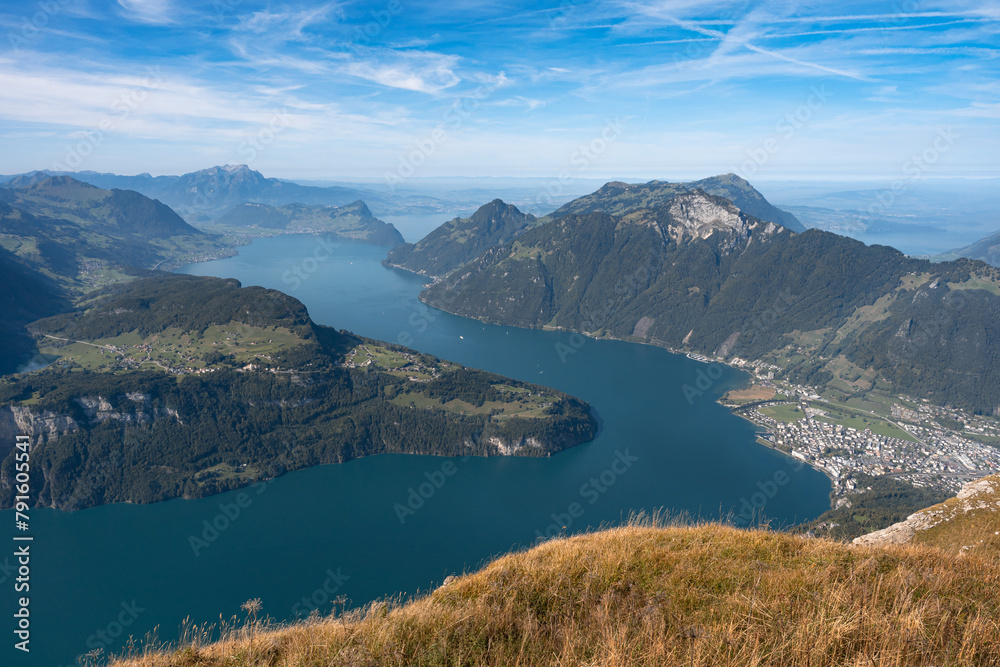 Lake in a valley seen from Fronalpstock summit in Switzerland. Swiss Alps iconic view