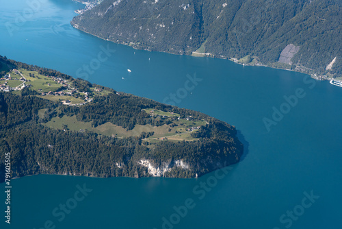 Seelisberg peninsula near lake seen from Fronalstock summit, Switzerland. Swiss Alps iconic view