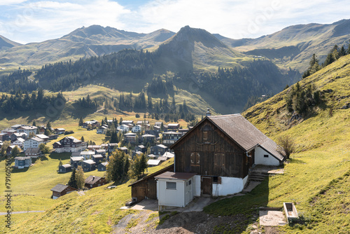 Aerial view of mountain huts in Stoos village in Switzerland. Swiss Alps ski resort in autumn or fall