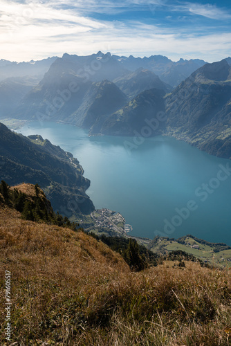 Lake in a valley seen from Fronalpstock summit in Switzerland. Swiss Alps iconic view