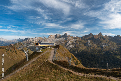 Klingenstock cable car station near Stoos village, Switzerland. Swiss Alps mountain range