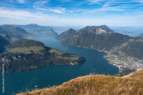 Lake in a valley seen from Fronalpstock summit in Switzerland. Swiss Alps iconic view