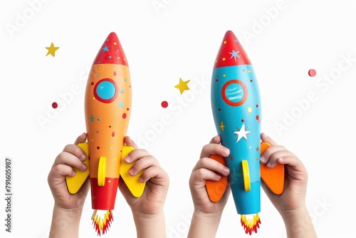 Die Hände von zwei Kindern spielen mit bunten Raketen  photo