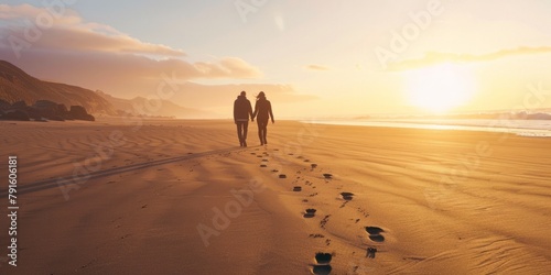 Couple walking hand in hand leaving footprints on a sandy beach at sunset. Concept: romance, travel, beach walk, sunset tranquility. mock-up,space for text. soft focus,defocus
