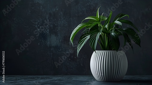 Closeup view of green flora in a white ceramic pot on dark background