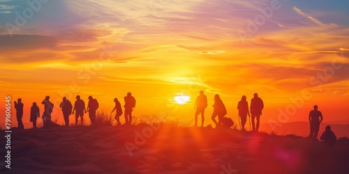 Silhouettes of people on a mountain peak during a vibrant sunset, with dynamic clouds and radiant sunlight. Concept: adventure travel, sunset hike, majestic nature, outdoor exploration. soft focus