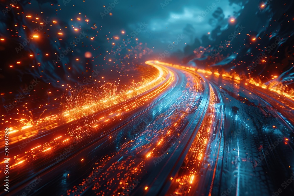 Blue and orange glowing curved road with glowing particles in the air