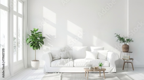 White and bright renovated living room AI generated illustration photo