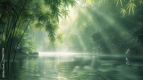 A bamboo forest by the stream  sunlight shining through leaves and mist onto water surface  light green color tone. Generative AI.